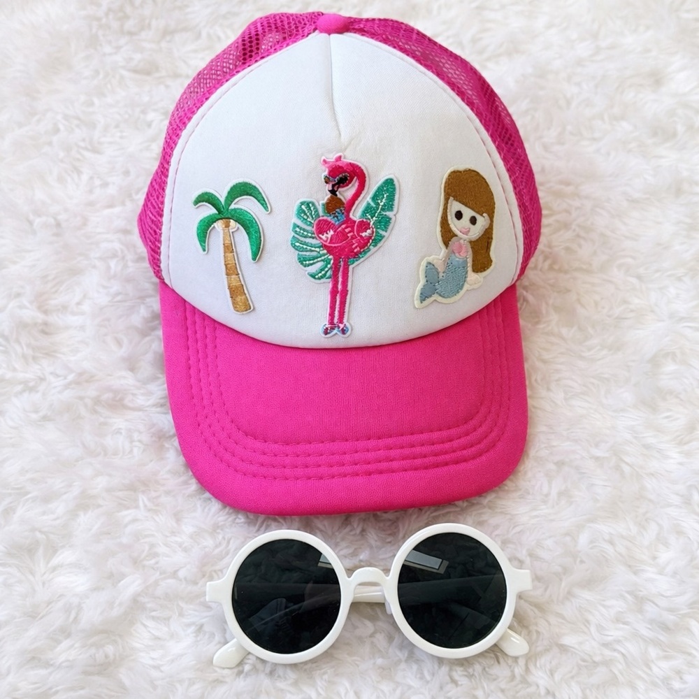 Girls Flamingo Trucker Hat & Round Sunglasses Pink Summer Set NWOT 2-5 years